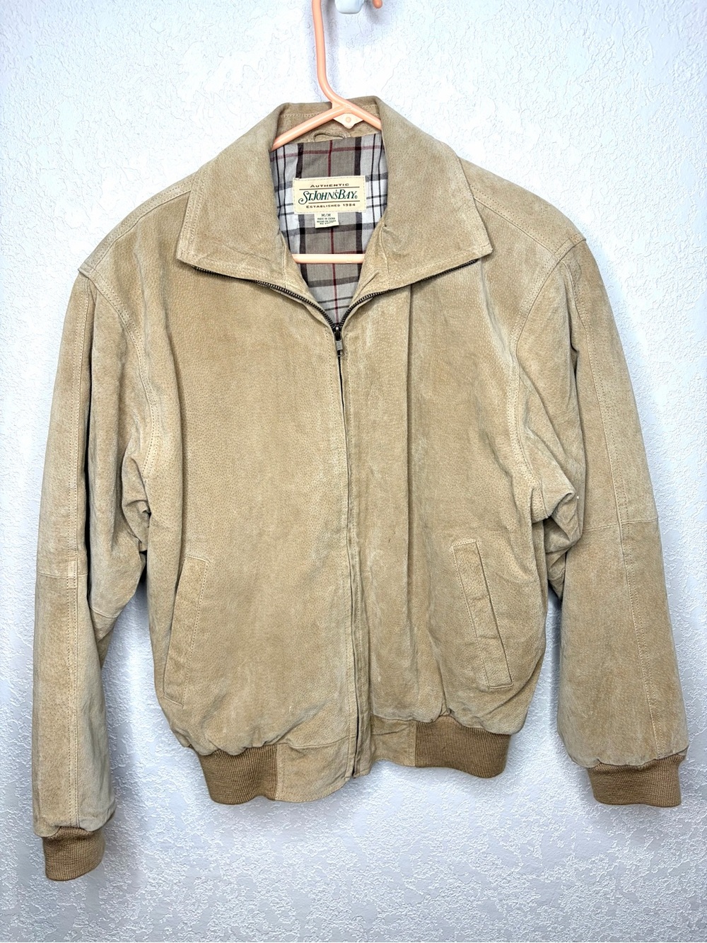 St. John's Bay Tan Genuine Leather Bomber Jacket 3 Pockets Men's Size Medium Vtg